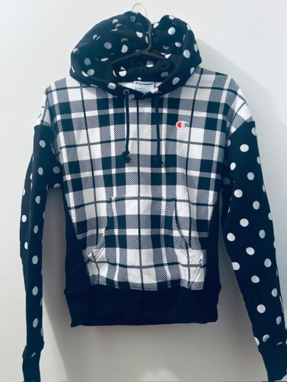 CHAMPION Polka Dot Stripe Plaid Pattern White Black Lush Adjustable  Hoodie NEW